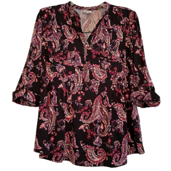 Avenue Tops - SOLD IN AUCTION ~ AVENUE Abstract Paisley Floral Black Button Henley 18/20